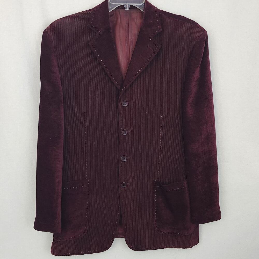 Vtg Venezzi Fine Mens Wear Burgundy Blazer Jacket Velvet Textured Sz L Rare Y2K